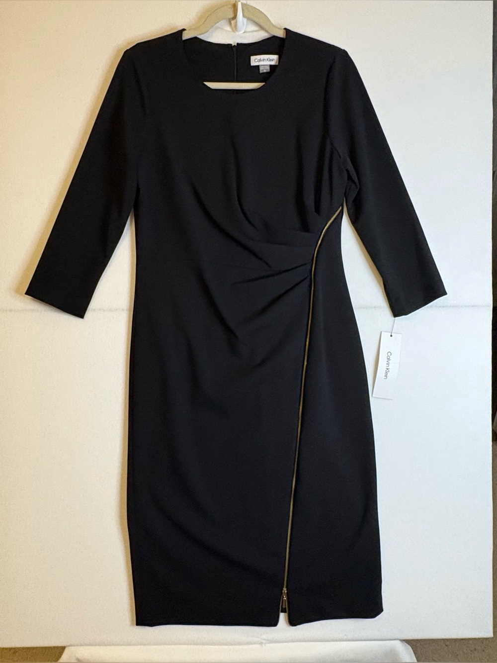 Calvin Klein Black Long-Sleeve Sheath Dress with Gold Zip Trim